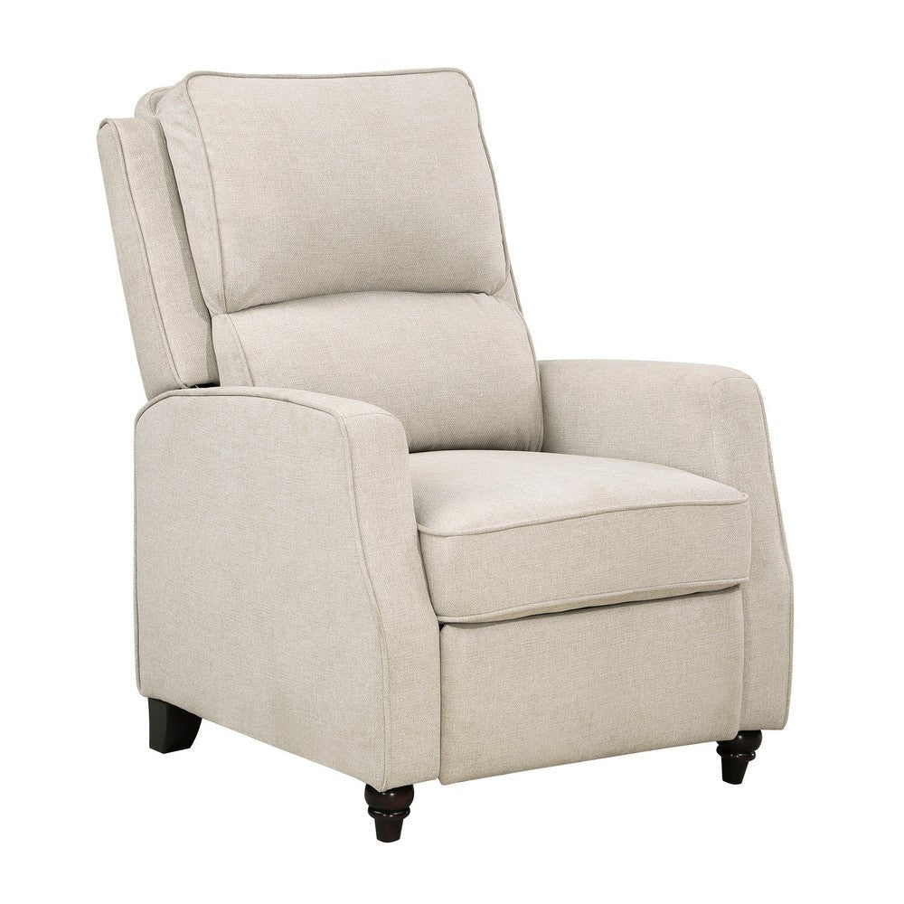 Isac 37 Inch Push Back Recliner Chair Beige Polyester Brown Solid Wood By Casagear Home BM316066