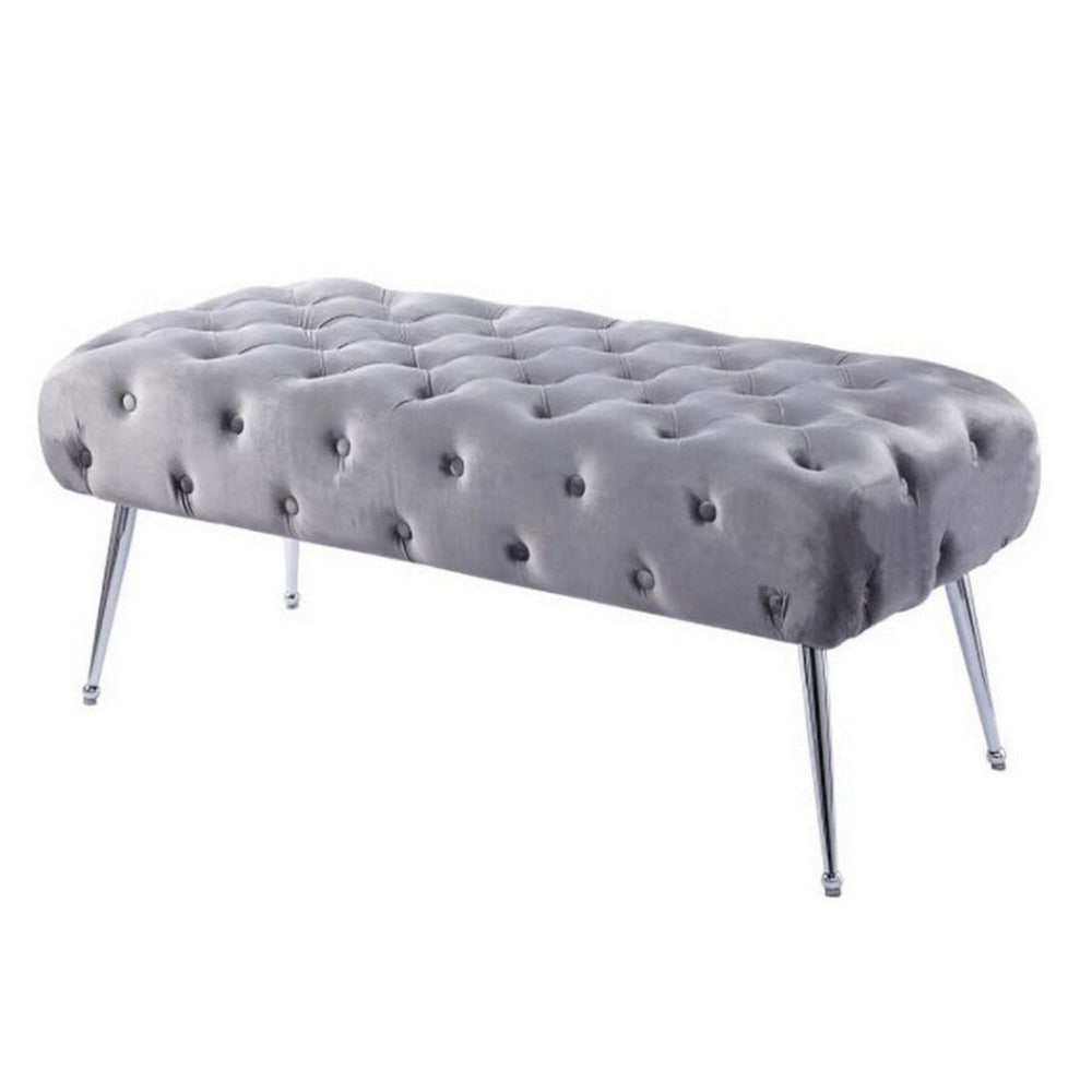 Rey 48 Inch Accent Bench Tufted Gray Velvet Upholstery Padded Seat Chrome By Casagear Home BM316068