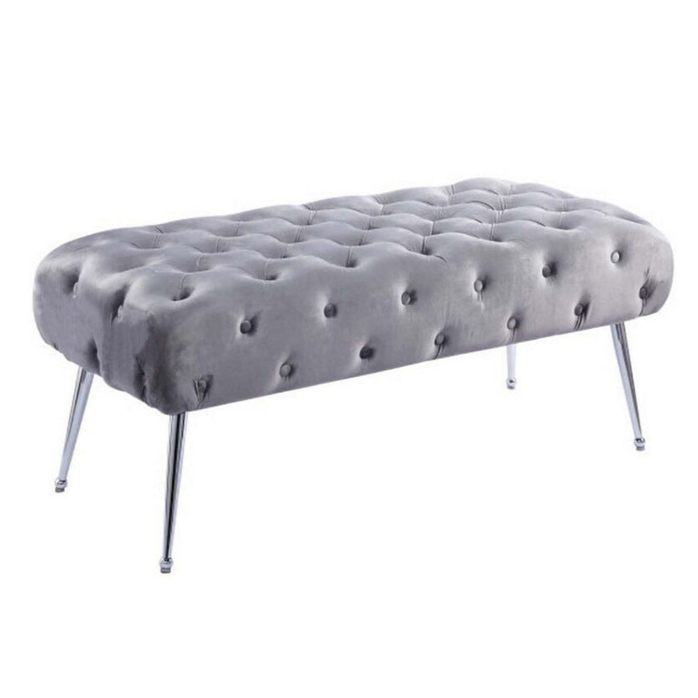 Rey 48 Inch Accent Bench, Tufted Gray Velvet Upholstery Padded Seat, Chrome By Casagear Home