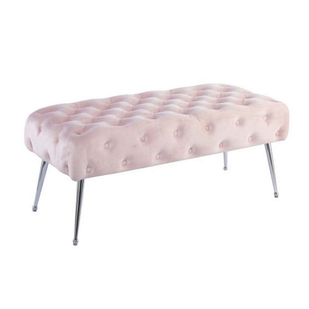 Rey 48 Inch Accent Bench, Tufted Pink Velvet Upholstery Padded Seat, Chrome By Casagear Home