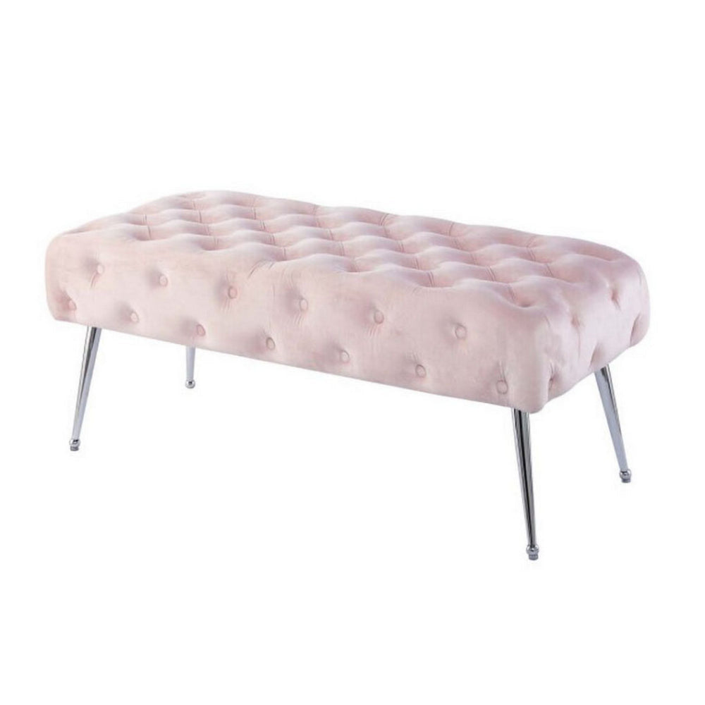 Rey 48 Inch Accent Bench Tufted Pink Velvet Upholstery Padded Seat Chrome By Casagear Home BM316069