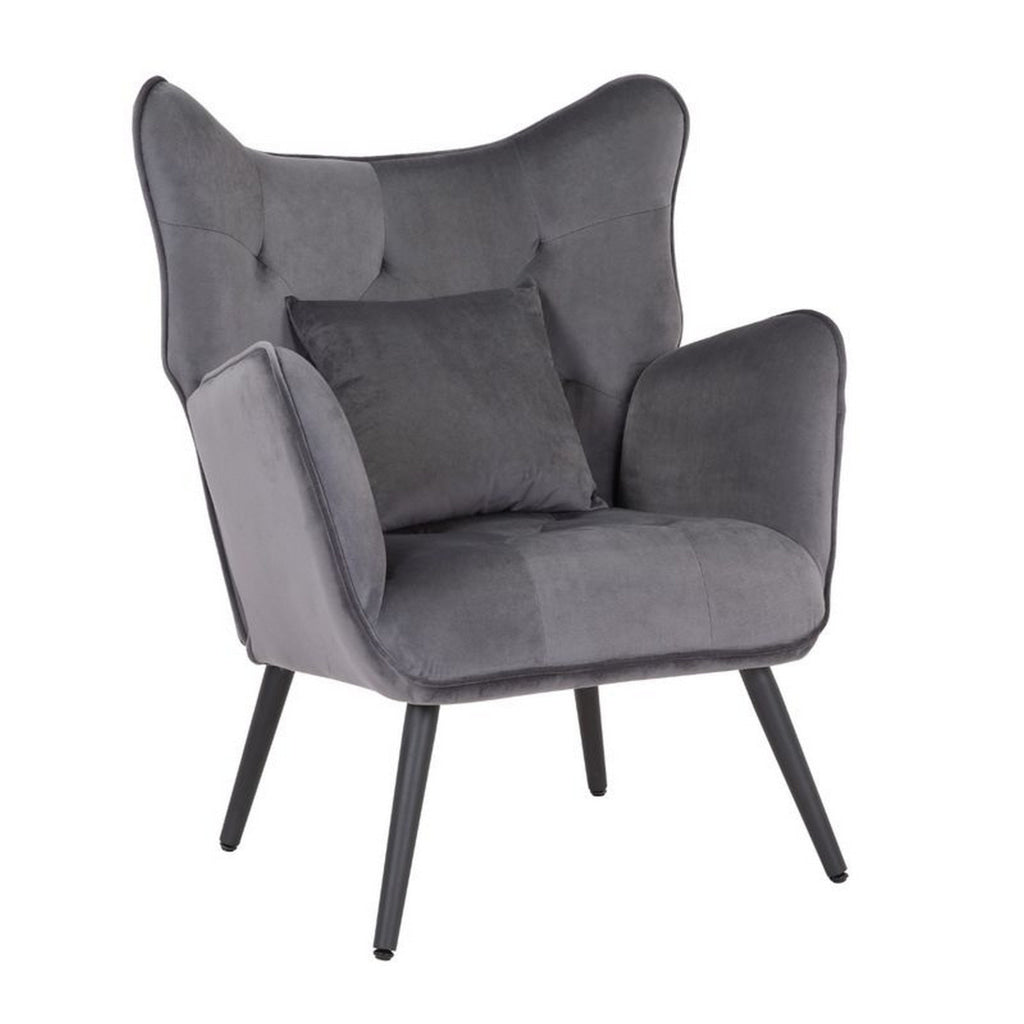 Ive 30 Inch Accent Chair Wingback Padded Gray Velvet Upholstery Black By Casagear Home BM316077