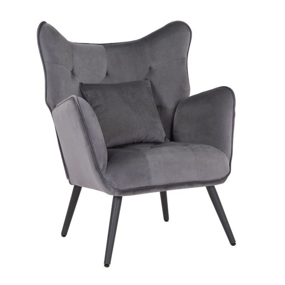 Ive 30 Inch Accent Chair, Wingback, Padded Gray Velvet Upholstery, Black By Casagear Home