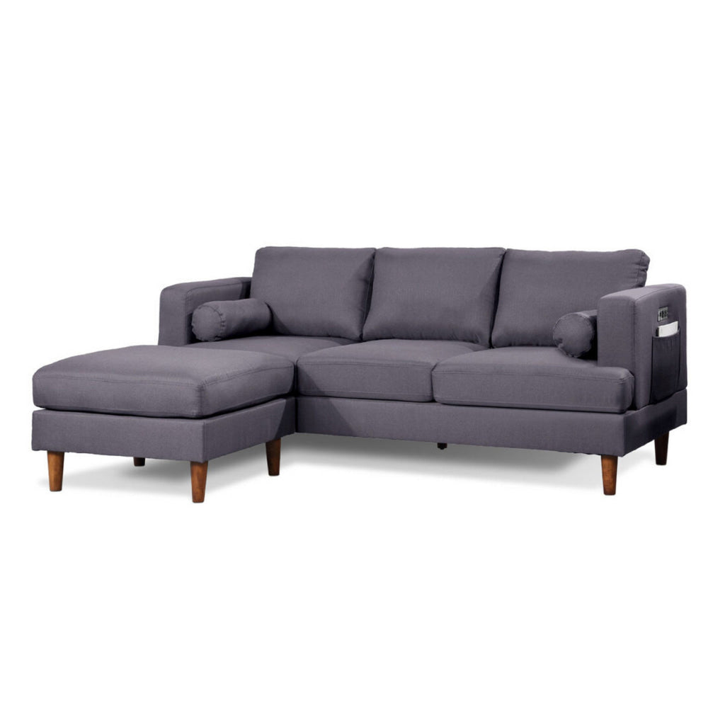 Ifo 84 Inch Plush Sofa with Reversible Chaise Ottoman USB Dark Gray By Casagear Home BM316080