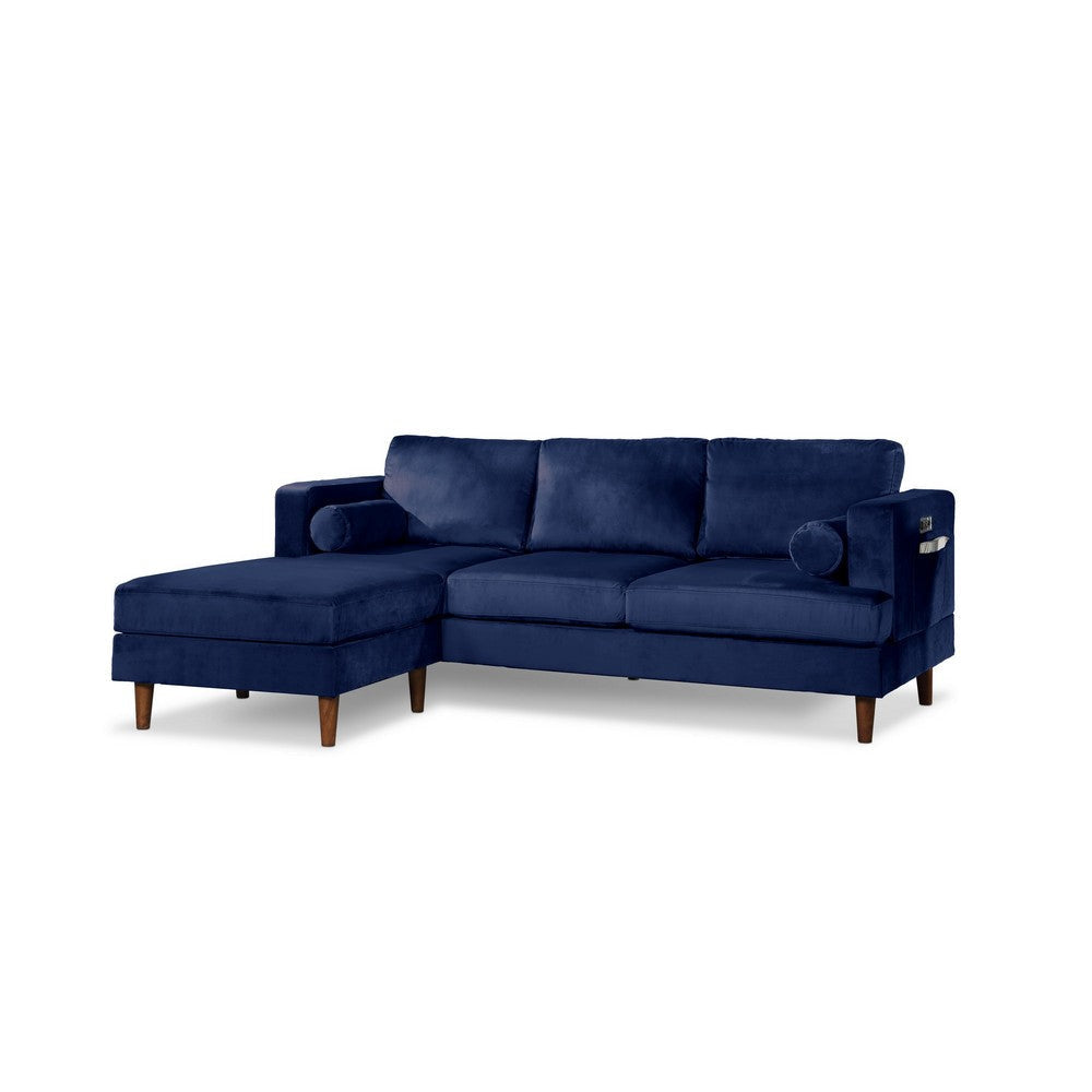 Ifo 84 Inch Sofa with Reversible Chaise Ottoman USB Navy Blue Velvet By Casagear Home BM316082