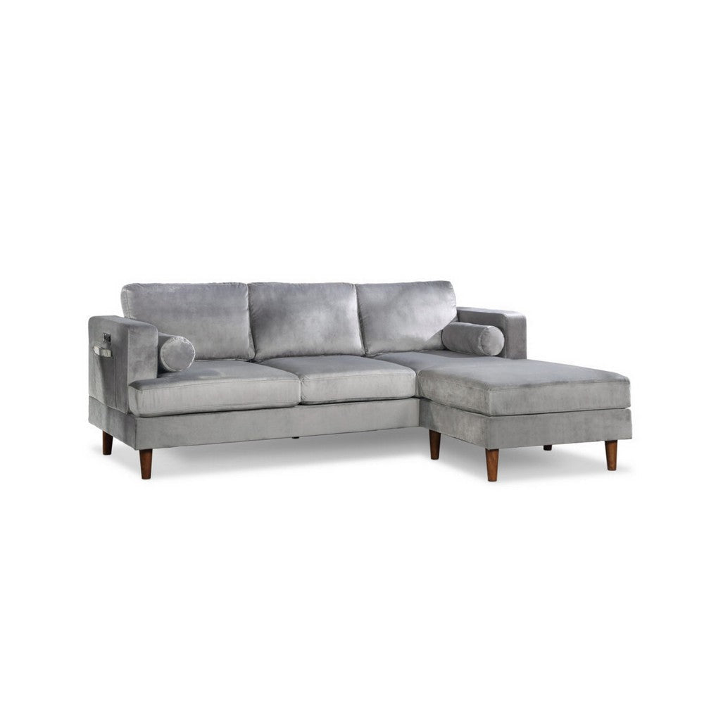 Ifo 84 Inch Sofa with Reversible Chaise Ottoman, USB, Light Gray Velvet By Casagear Home