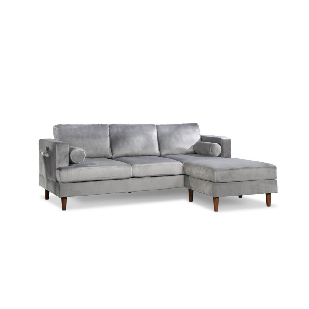 Ifo 84 Inch Sofa with Reversible Chaise Ottoman USB Light Gray Velvet By Casagear Home BM316083