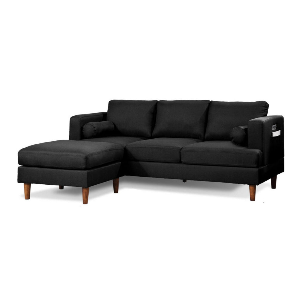 Ifo 84 Inch Sofa with Reversible Chaise Ottoman USB Classic Black Velvet By Casagear Home BM316084