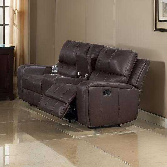 Elle 72 Inch Loveseat, Manual Recliner, Center Console, Brown Faux Leather By Casagear Home