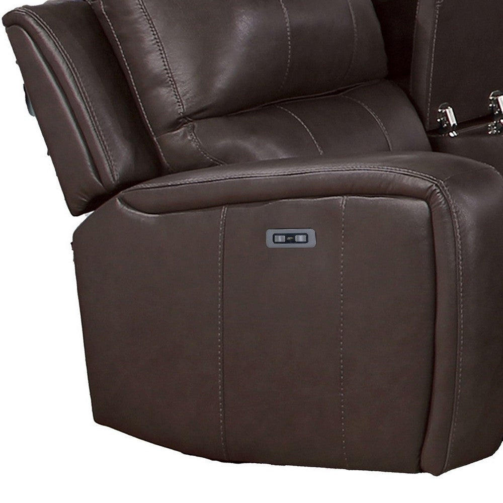 Elle 72 Inch Loveseat Power Recliner Console USB Brown Real Leather By Casagear Home BM316092