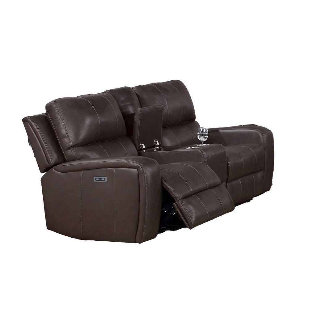 Elle 72 Inch Loveseat, Power Recliner, Console, USB, Brown Real Leather By Casagear Home