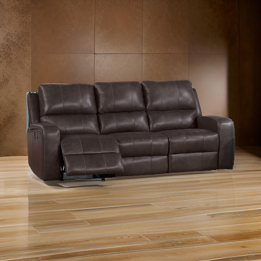 Elle 82 Inch Sofa, Dual Manual Recliner, Cushioned Seat, Brown Real Leather By Casagear Home