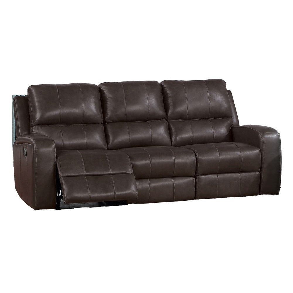 Elle 82 Inch Sofa, Dual Manual Recliner, Cushioned Seat, Brown Real Leather By Casagear Home