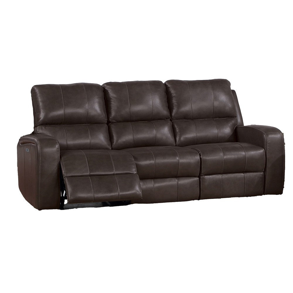 Elle 82 Inch Sofa, Power Recliner, Cushioned Seating, Brown Real Leather By Casagear Home