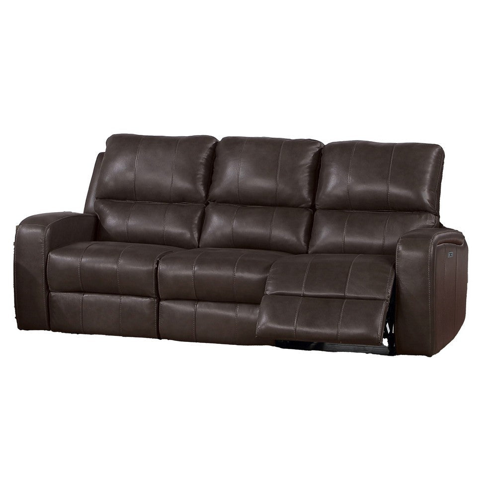 Elle 82 Inch Sofa Power Recliner Cushioned Seating Brown Real Leather By Casagear Home BM316094