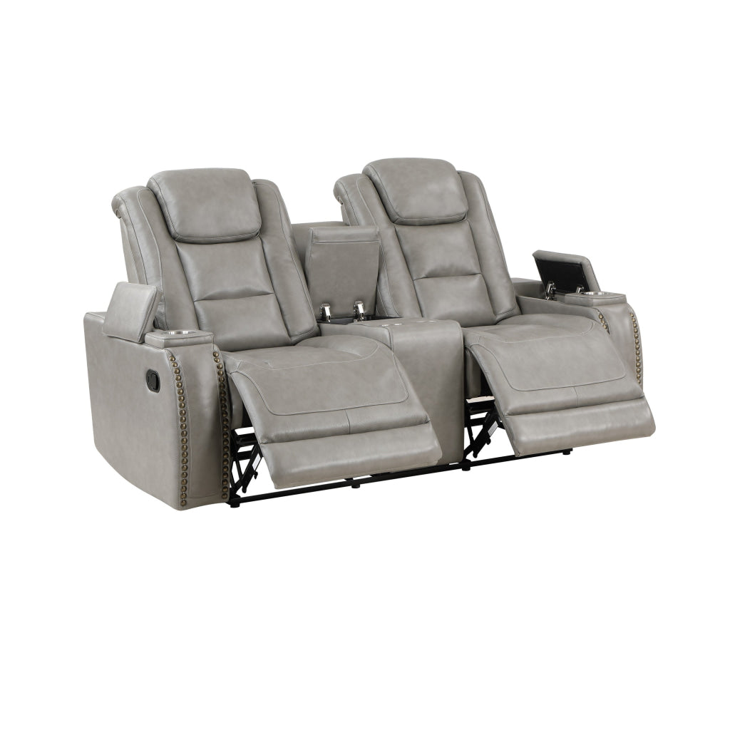 Luxe 73 Inch Console Loveseat Dual Manual Recliner Gray Real Leather By Casagear Home BM316095