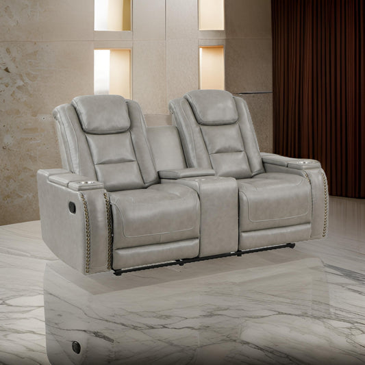 Luxe 73 Inch Console Loveseat, Dual Manual Recliner, Gray Real Leather By Casagear Home