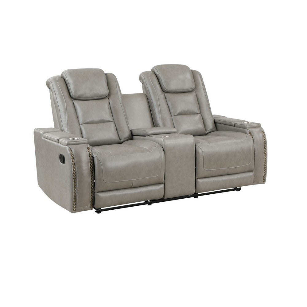 Luxe 73 Inch Console Loveseat, Dual Manual Recliner, Gray Real Leather By Casagear Home