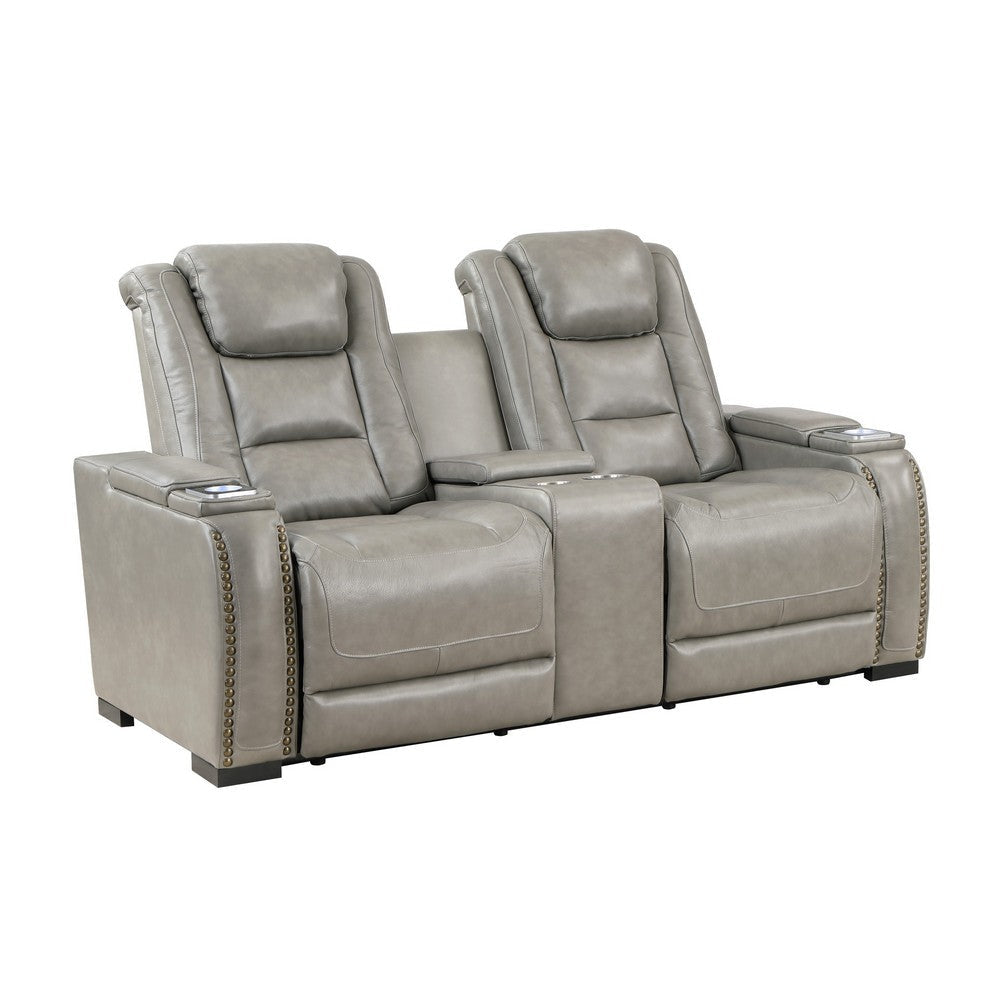 Luxe 73 Inch Console Loveseat, Power Recliner, Cushioned, Gray Real Leather By Casagear Home