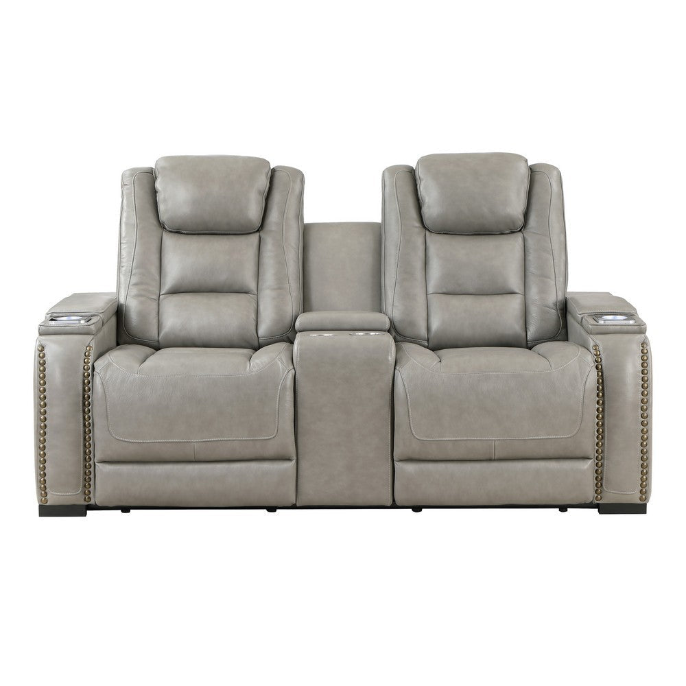 Luxe 73 Inch Console Loveseat Power Recliner Cushioned Gray Real Leather By Casagear Home BM316096