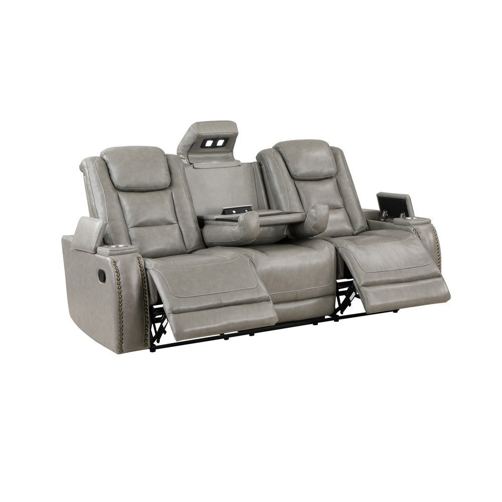 Luxe 84 Inch Manual Recliner Sofa Drop Table Cupholder Gray Real Leather By Casagear Home BM316097