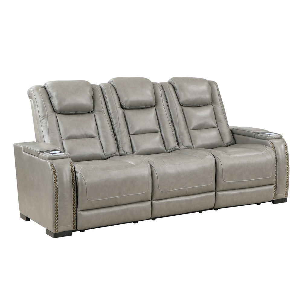 Luxe 84 Inch Power Recliner Sofa, Drop Table, Cupholder, Gray Real Leather By Casagear Home