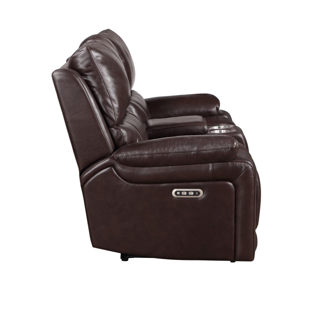 Noir 74 Inch Console Loveseat Power Recliner Cupholders Brown Real Leather By Casagear Home BM316099