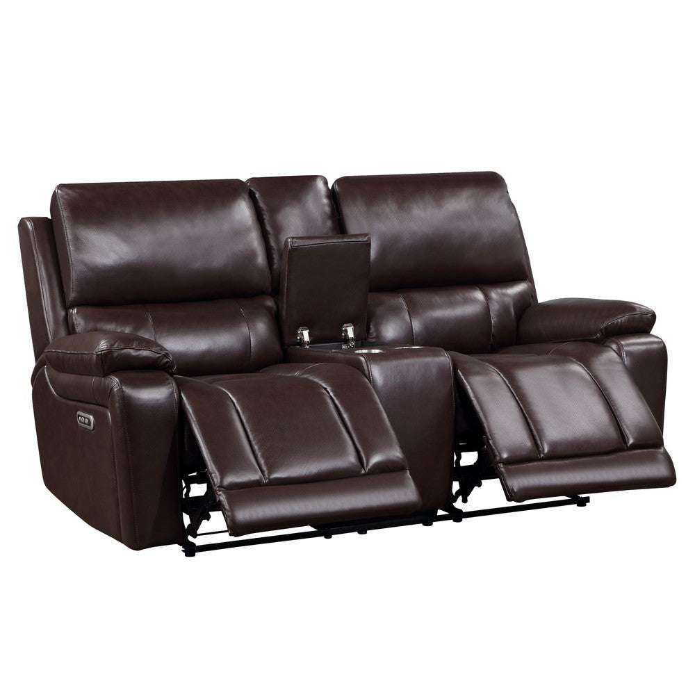 Noir 74 Inch Console Loveseat Power Recliner Cupholders Brown Real Leather By Casagear Home BM316099