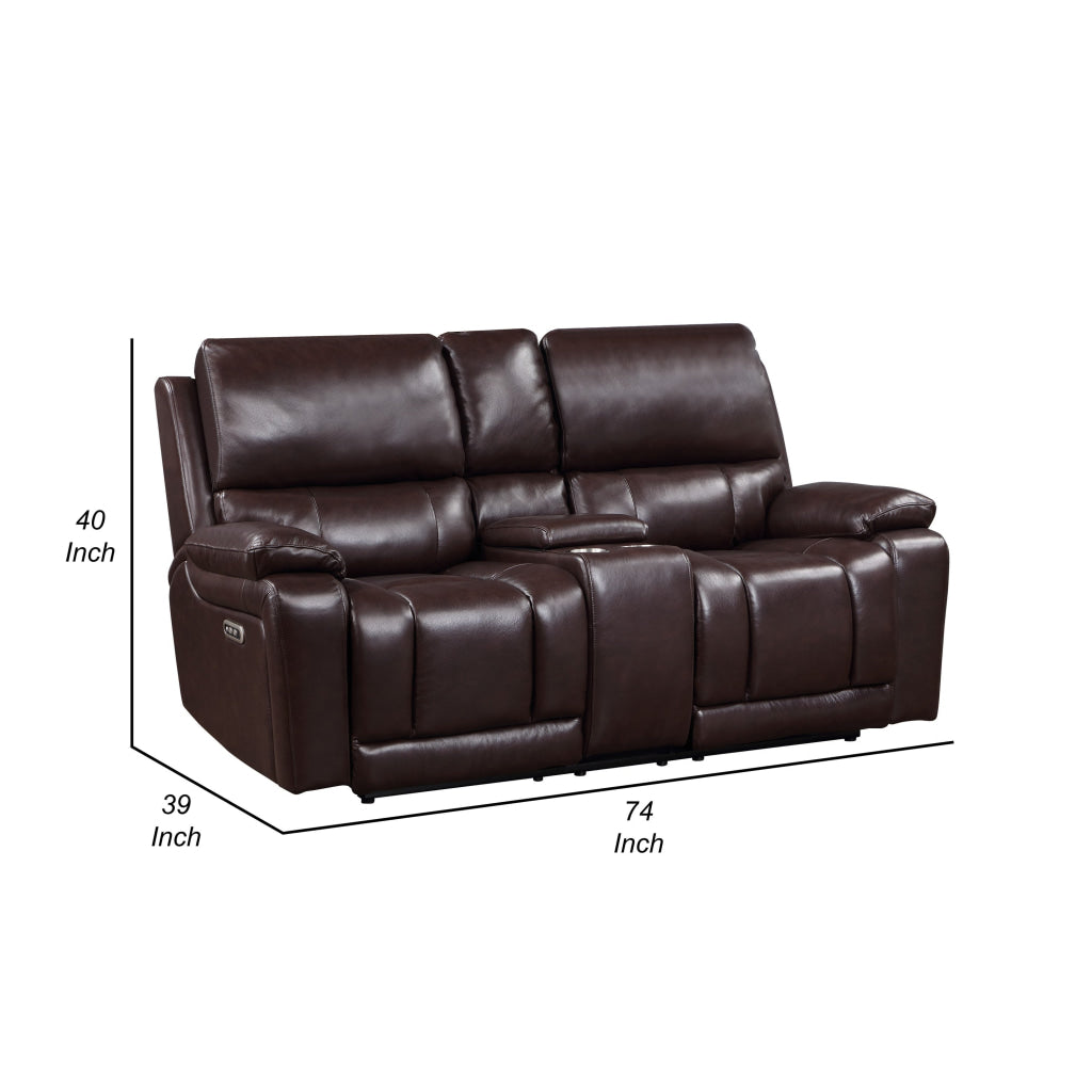 Noir 74 Inch Console Loveseat Power Recliner Cupholders Brown Real Leather By Casagear Home BM316099