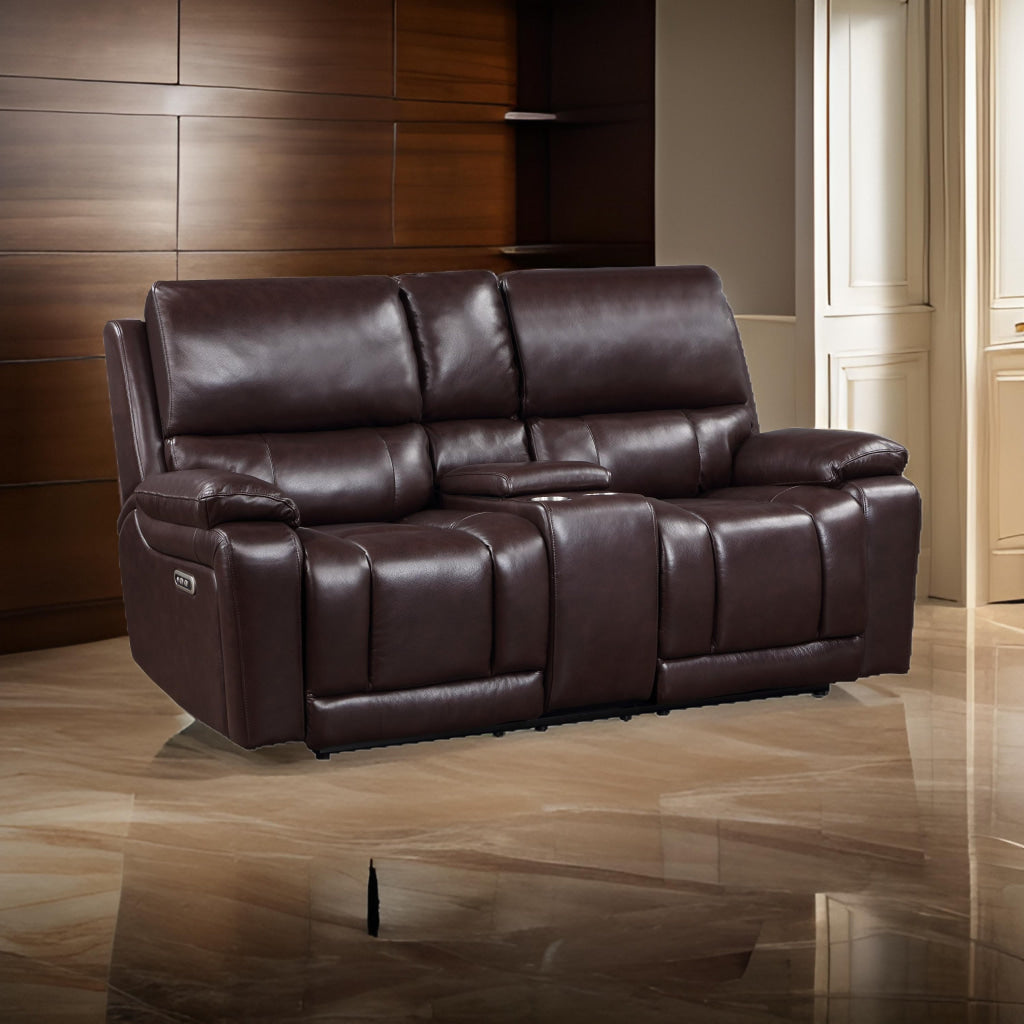 Noir 74 Inch Console Loveseat Power Recliner, Cupholders Brown Real Leather By Casagear Home