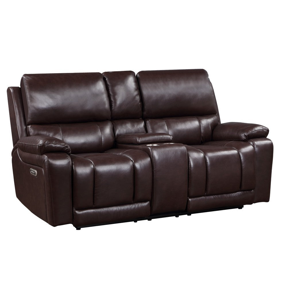 Noir 74 Inch Console Loveseat Power Recliner, Cupholders Brown Real Leather By Casagear Home