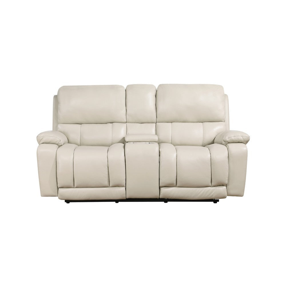 Noir 74 Inch Console Loveseat Power Recliner Cupholders Cream Real Leather By Casagear Home BM316100