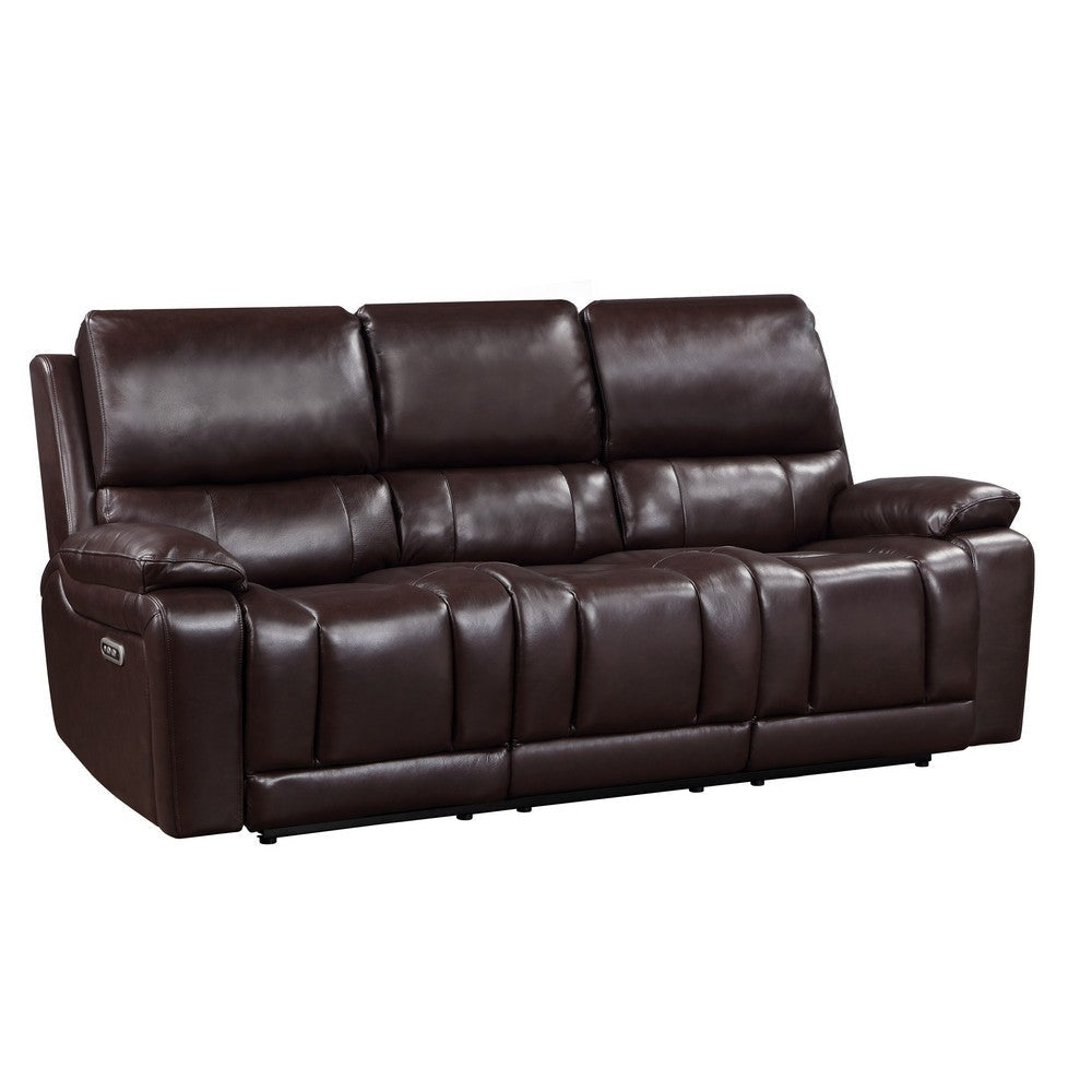 Noir 85 Inch Sofa, Power Recliner, Cushioned Seat, Brown Real Leather By Casagear Home