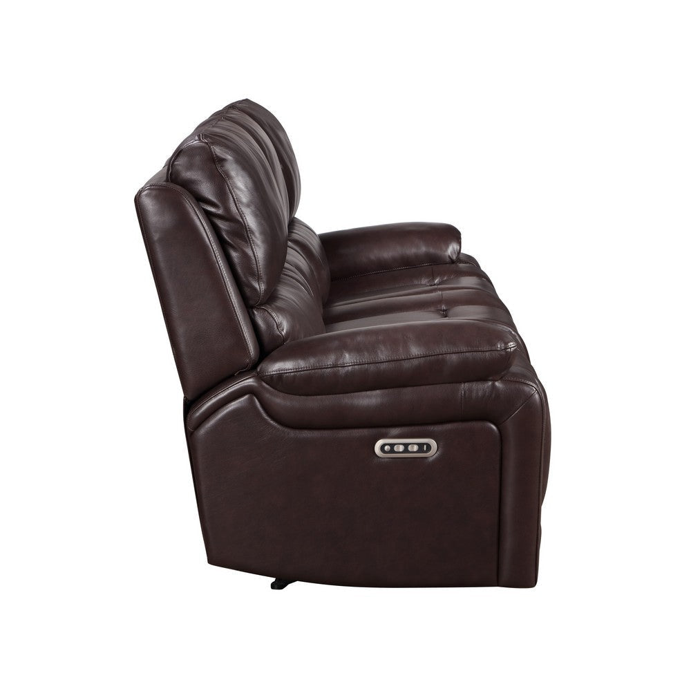 Noir 85 Inch Sofa Power Recliner Cushioned Seat Brown Real Leather By Casagear Home BM316101