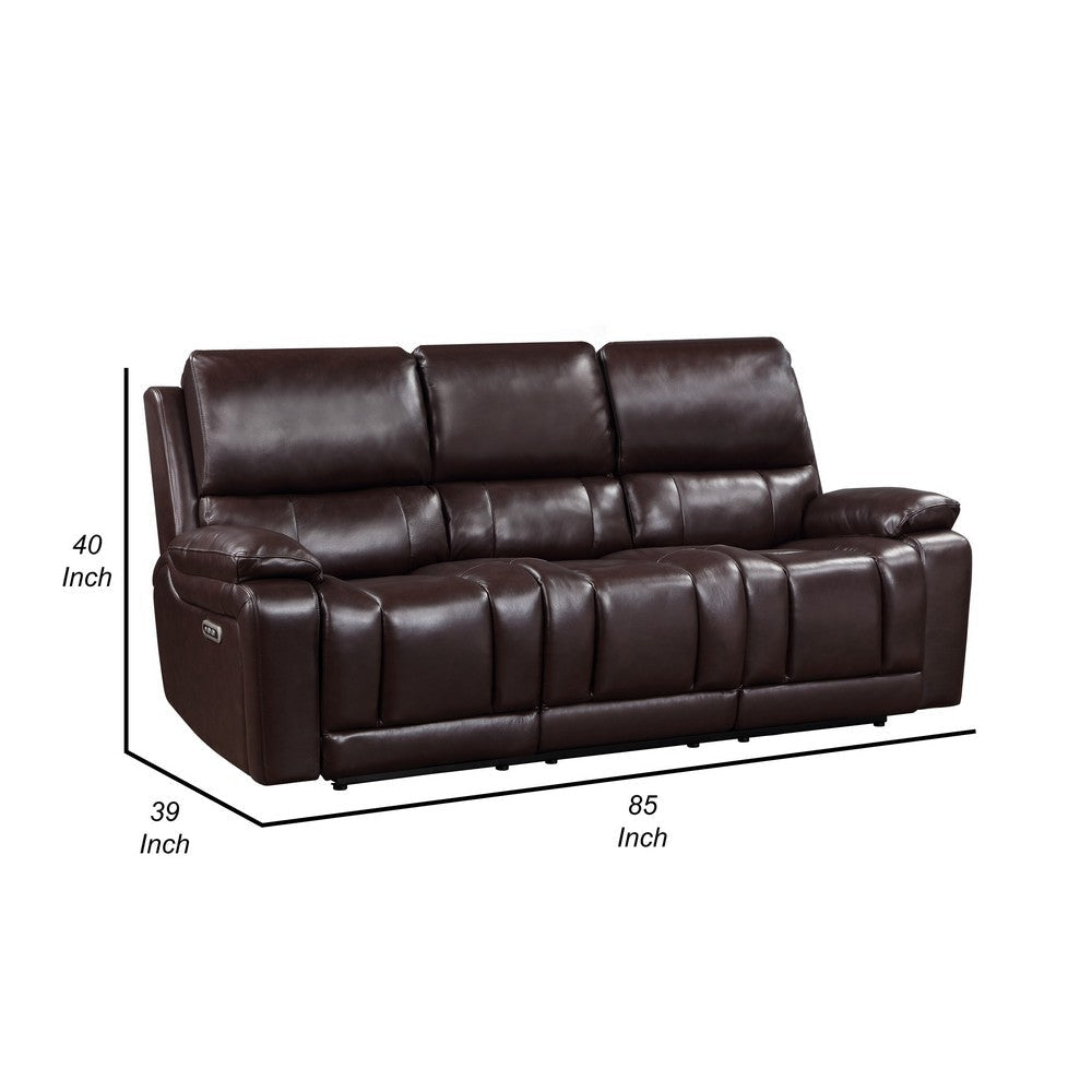 Noir 85 Inch Sofa Power Recliner Cushioned Seat Brown Real Leather By Casagear Home BM316101