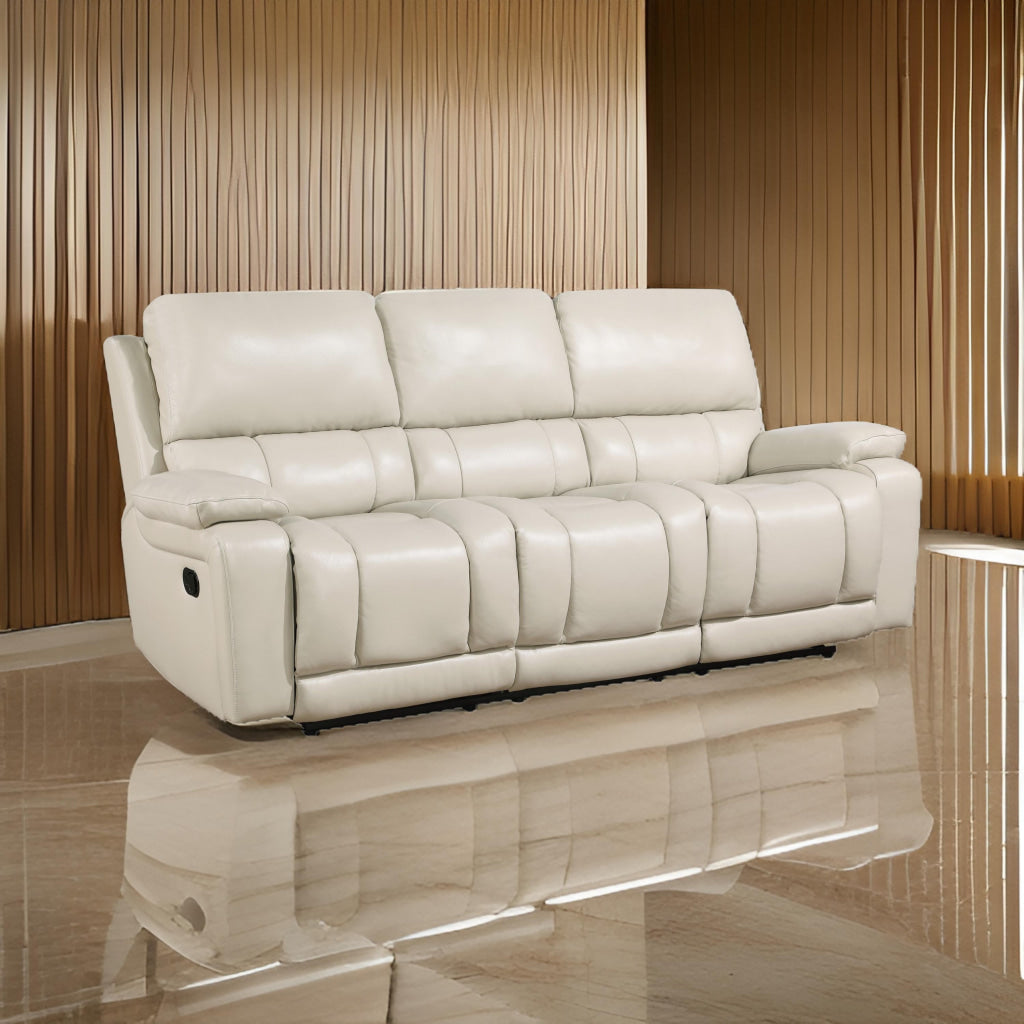 Noir 85 Inch Sofa, Power Recliner, Cushioned Seat, White Real Leather By Casagear Home