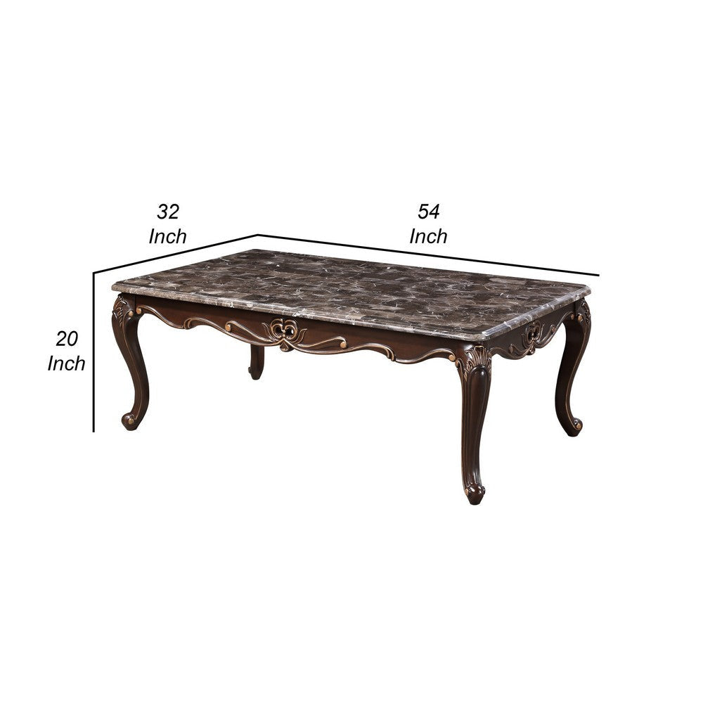 Cona 54 Inch Cocktail Coffee Table Carved Gold Accent Cherry Brown Gray By Casagear Home BM316106