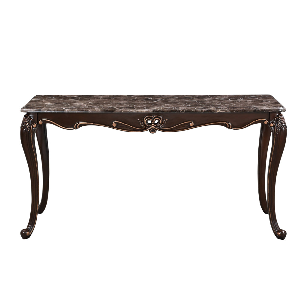 Cona 58 Inch Console Table Carved Gold Accents Cherry Brown Gray White By Casagear Home BM316108