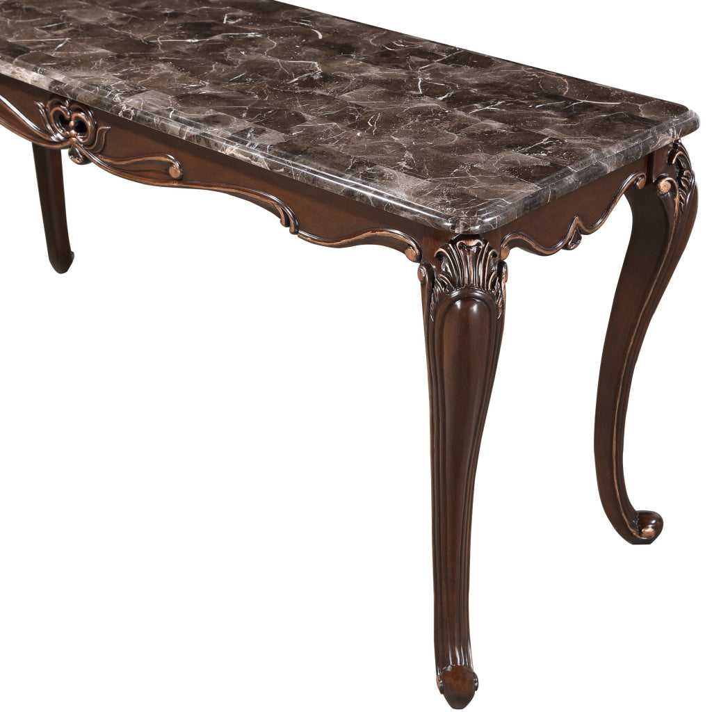 Cona 58 Inch Console Table Carved Gold Accents Cherry Brown Gray White By Casagear Home BM316108