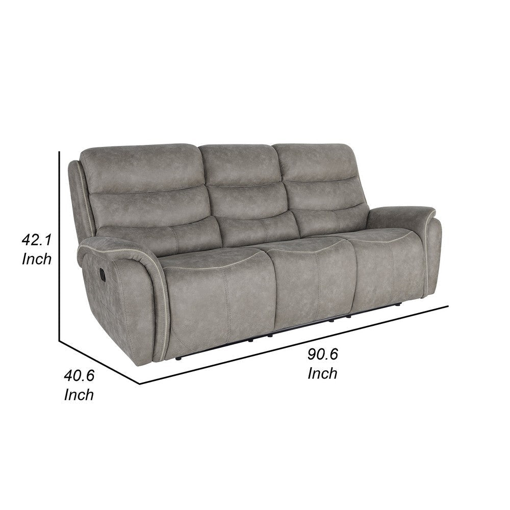 Folu 91 Inch Sofa Dual Manual Recliner Cushioned Seat Gray Faux Leather By Casagear Home BM316112