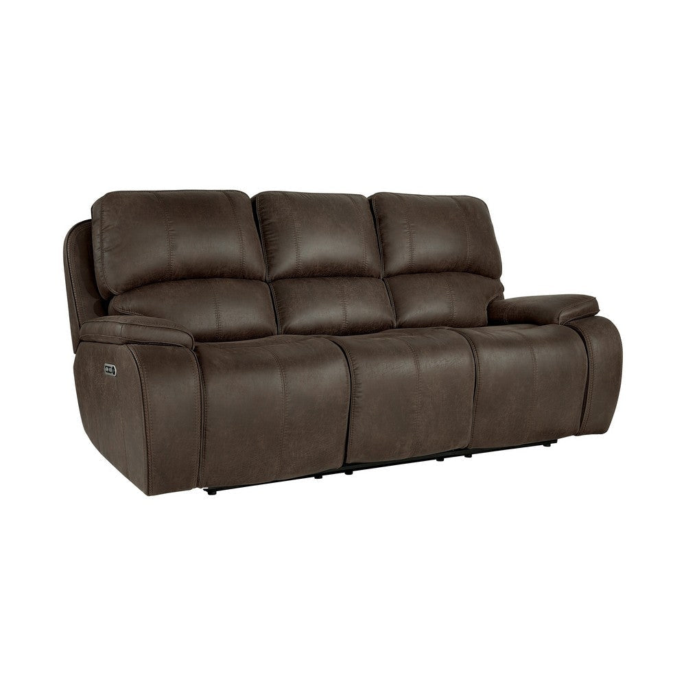 Talo 88 Inch Sofa, Power Recliner, USB C Ports, Plush Brown Faux Leather By Casagear Home