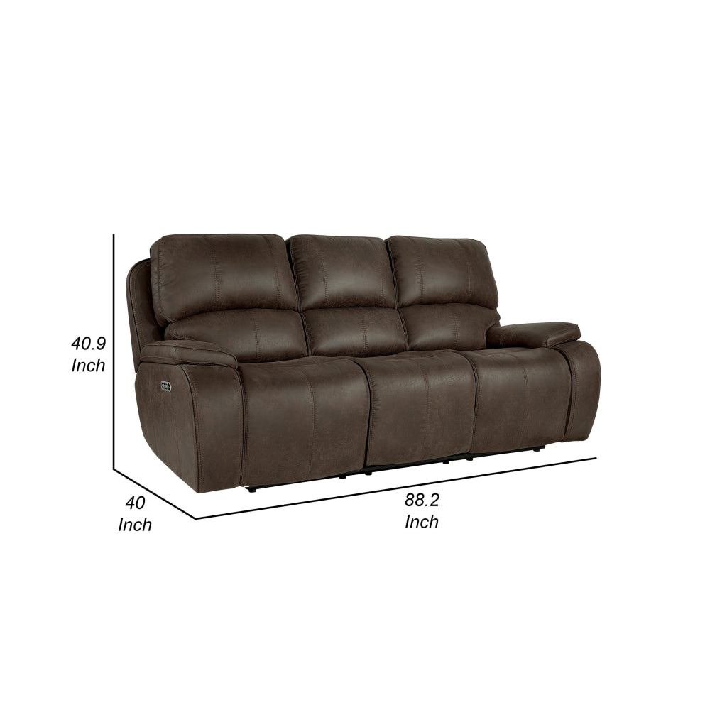 Talo 88 Inch Sofa Power Recliner USB C Ports Plush Brown Faux Leather By Casagear Home BM316118