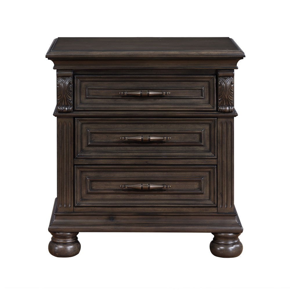 Rion 28 Inch Nightstand with 3 Storage Drawers USB Port Walnut Brown By Casagear Home BM316121