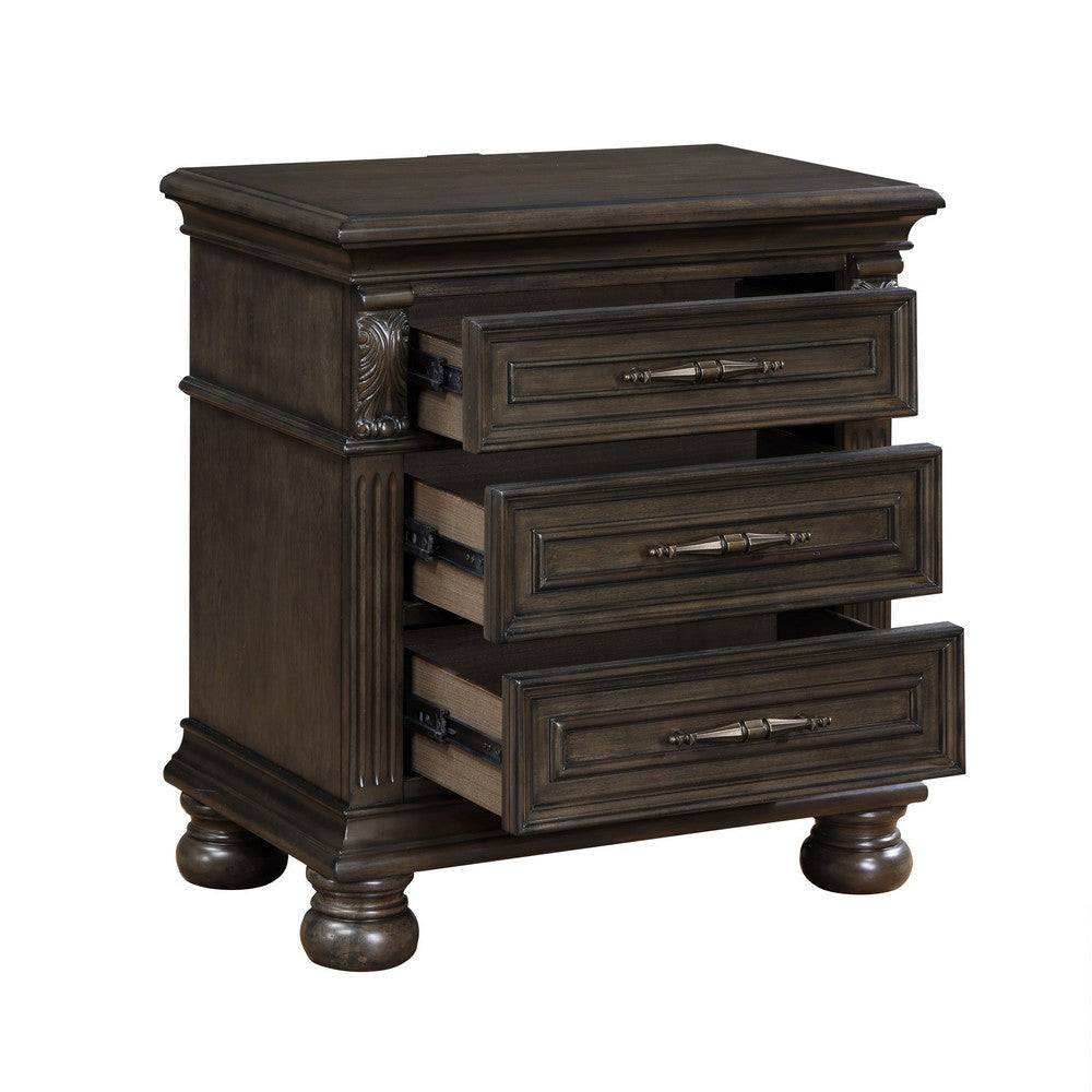 Rion 28 Inch Nightstand with 3 Storage Drawers USB Port Walnut Brown By Casagear Home BM316121