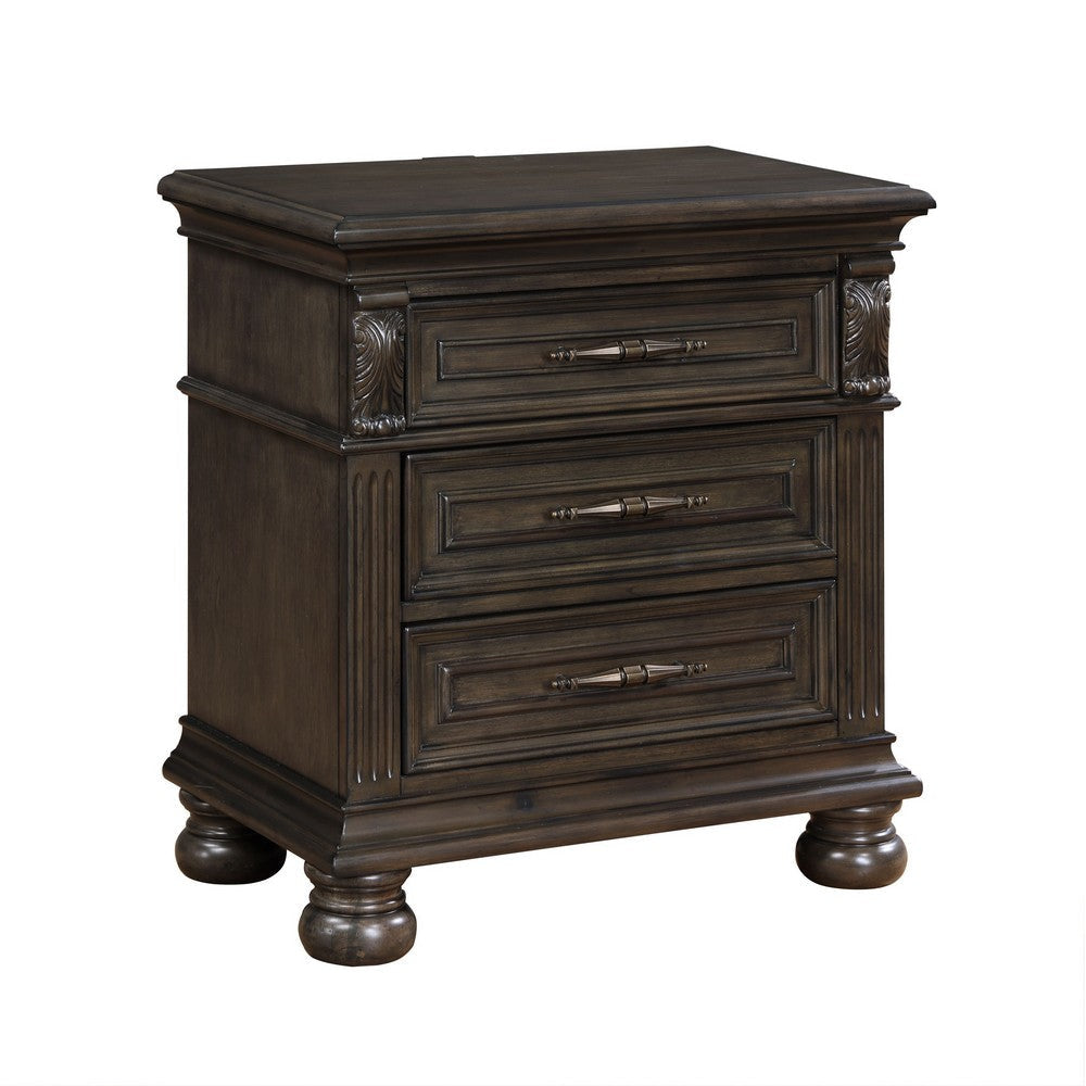 Rion 28 Inch Nightstand with 3 Storage Drawers USB Port Walnut Brown By Casagear Home BM316121