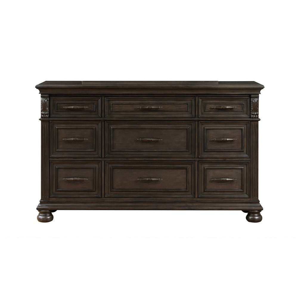 Rion 66 Inch Wide Dresser with 9 Storage Drawers Bun Feet Walnut Brown By Casagear Home BM316122