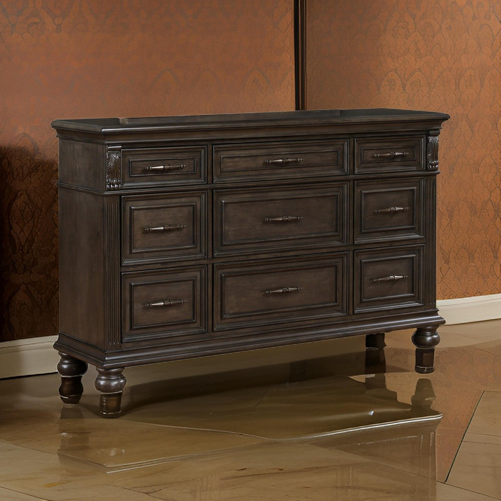 Rion 66 Inch Wide Dresser with 9 Storage Drawers Bun Feet Walnut Brown By Casagear Home BM316122