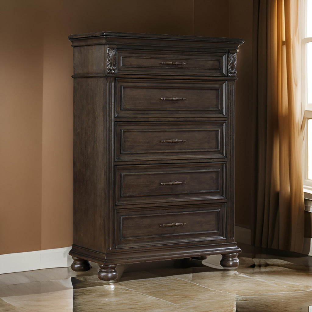 Rion 58 Inch Tall Dresser Lift Top Chest with 5 Storage Drawers, Brown By Casagear Home