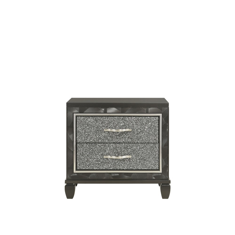 Ren 28 Inch Nightstand with 2 Glitter Front Storage Drawers Black Silver By Casagear Home BM316124