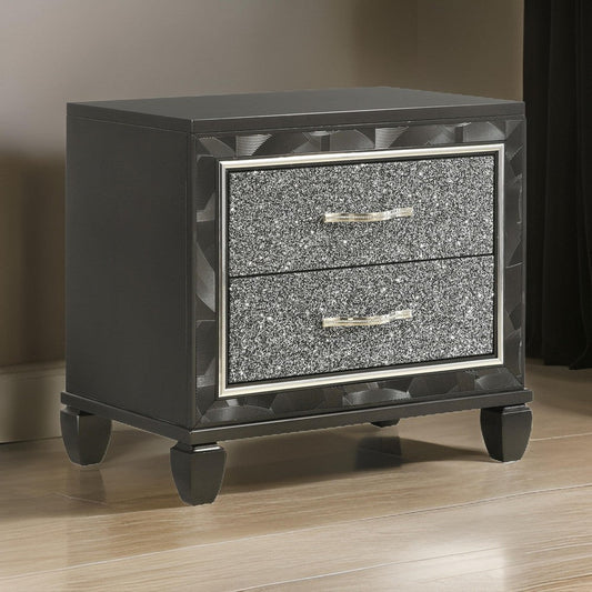 Ren 28 Inch Nightstand with 2 Glitter Front Storage Drawers, Black, Silver By Casagear Home